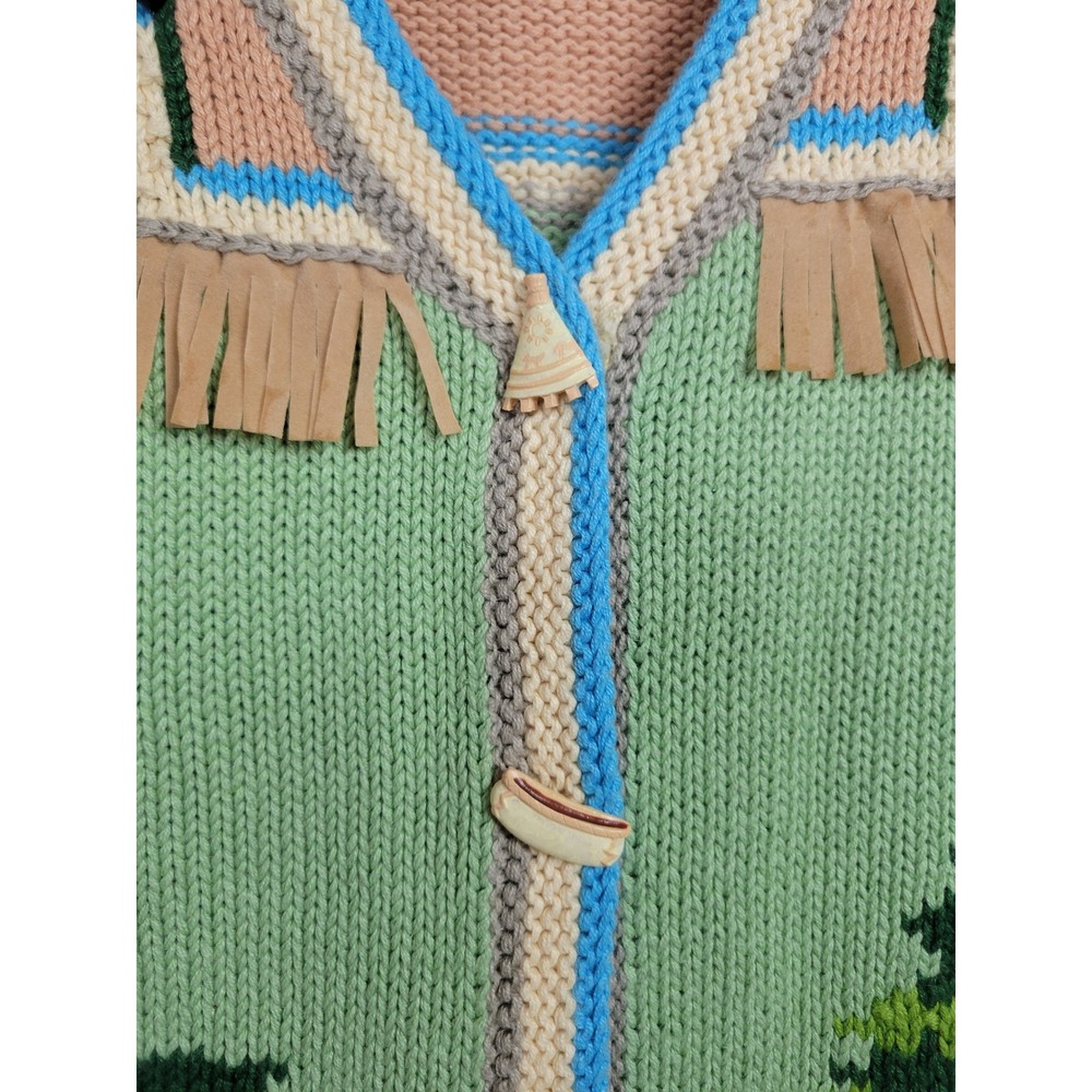Storybook Knits Wolf Family Southwestern Fringe Cardigan Sweater Green Womens M - Picture 5 of 13